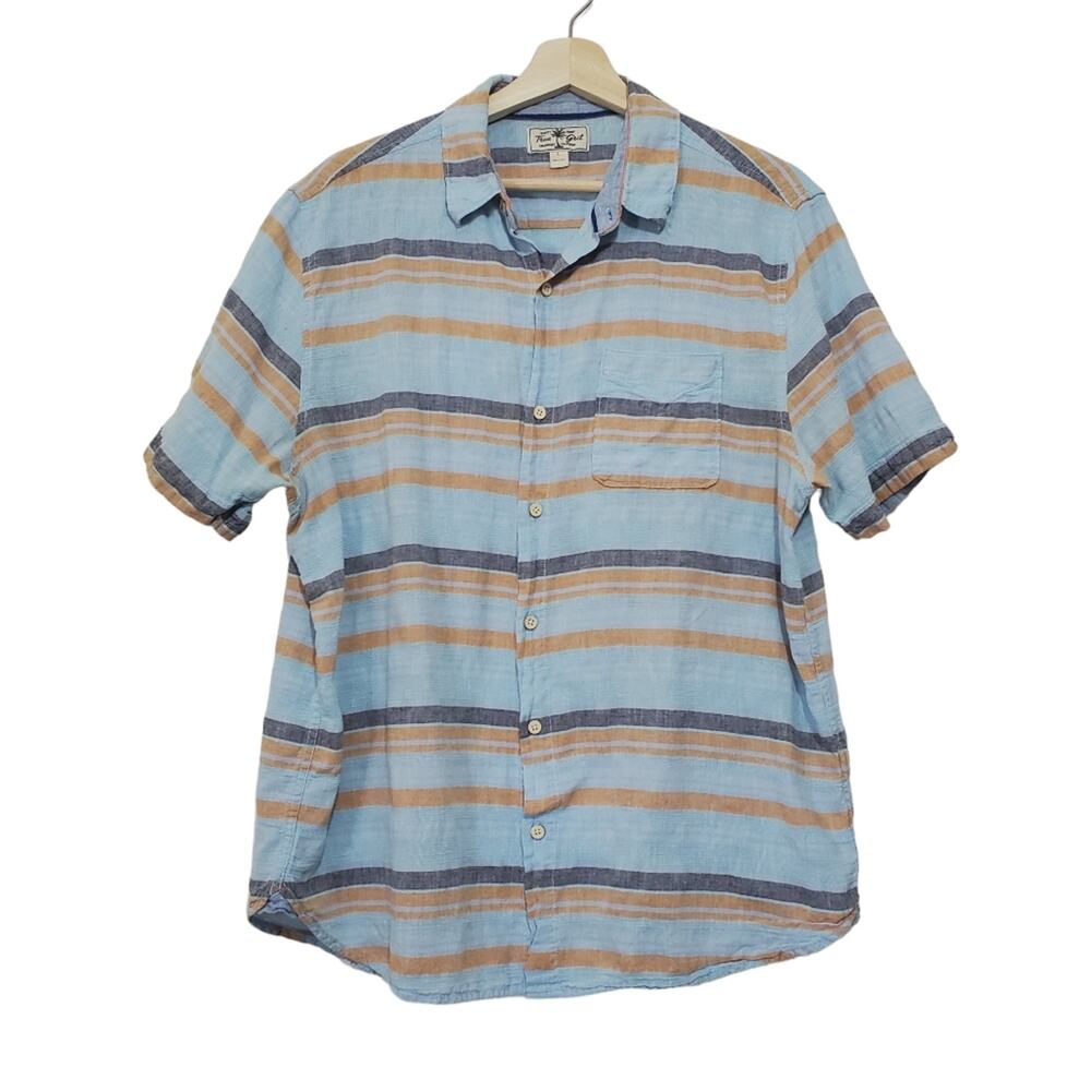True Grit Linen Blend Baja Stripe Button Front Short Sleeve Sport Shirt